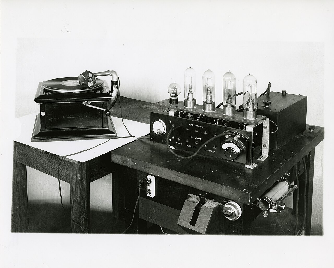 Stanowisko nadawcze stacji WWV z gramofonem, mikrofonem tubowym i aparaturą radiową około 1920 roku